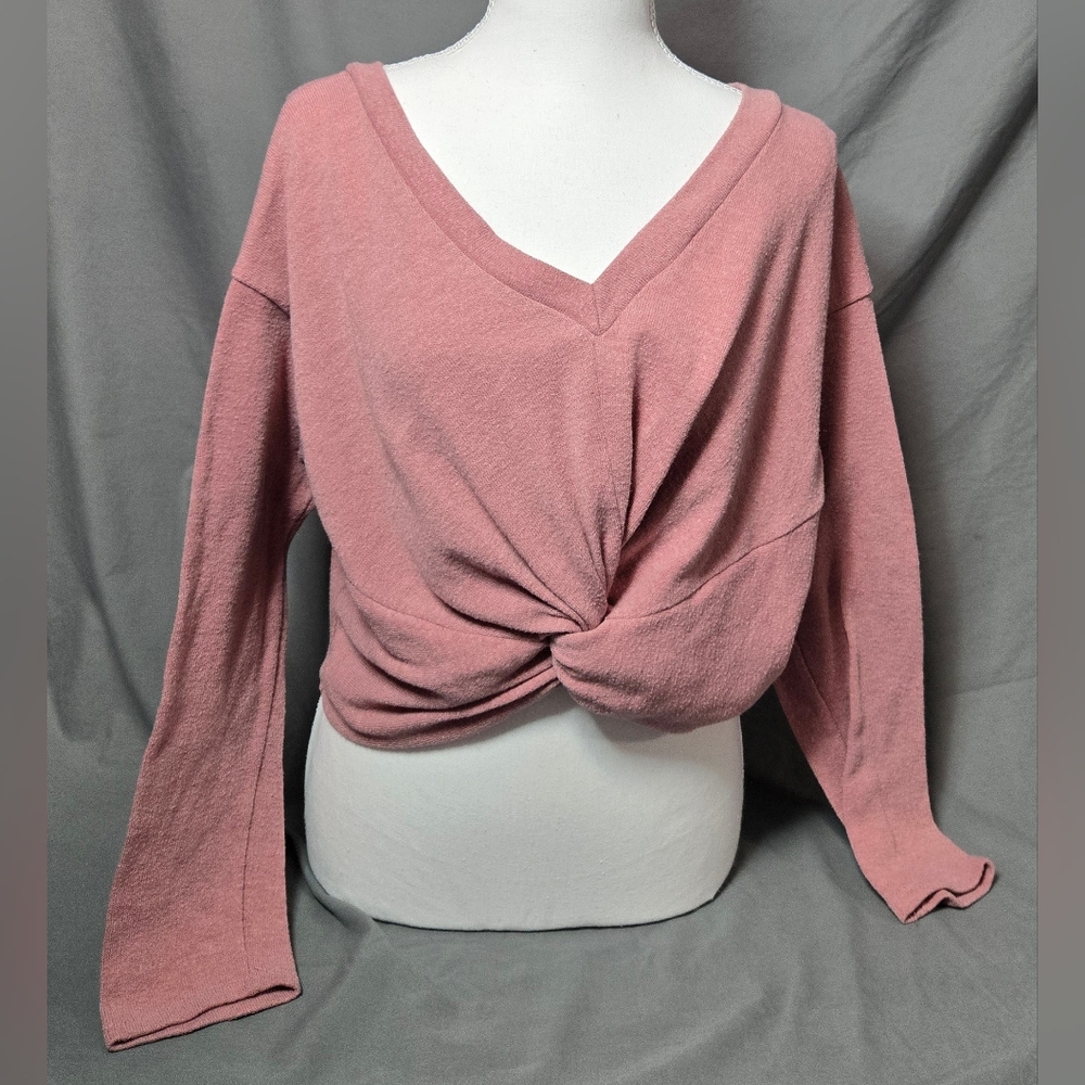 21 Saints Women’s Sweater Large Pink V-Neck Front Knot Twist Long Sleeve Soft